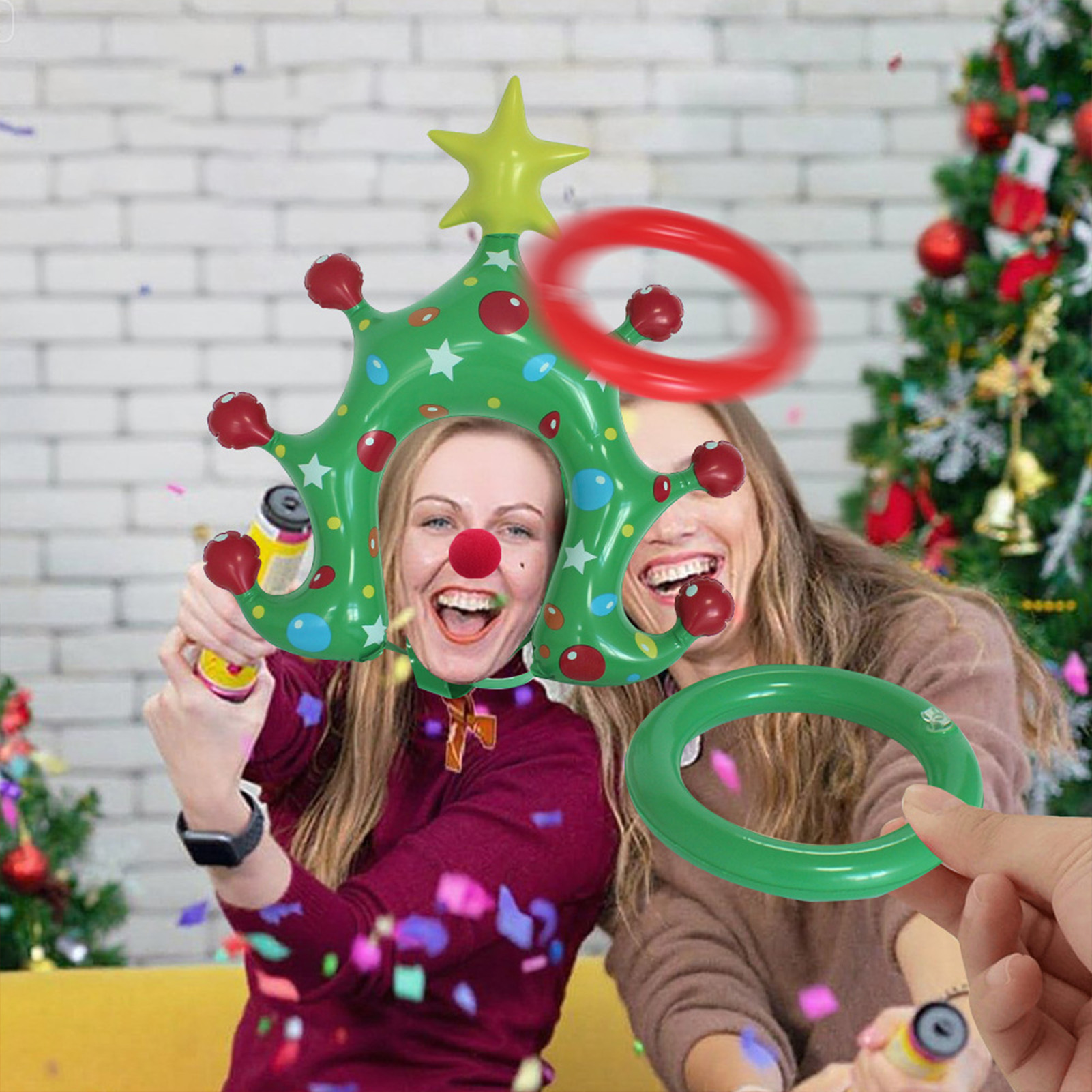 Party Games No Props - เกมโยนห่วงต้นคริสต์มาส ที่คาดผมเป่าลมสุดสนุกสำหรับเด็กและผู้ใหญ่ อุปกรณ์สำหรับกิจกรรมปาร์ตี้วันหยุดและงานครอบครัว ทนทาน