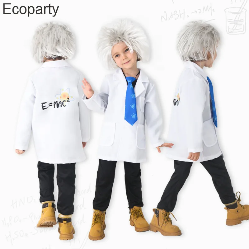 Party Games Physical - ชุดยูนิฟอร์มสีขาวของนักวิทยาศาสตร์กายภาพชุดนักวิทยาศาสตร์แบบผูกชุดวิกผมชุดงานปาร์ตี้สำหรับเด็กเด็กวันฮาโลวีนใหม่